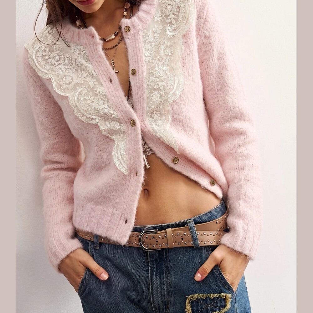 Pink Fuzzy Knit Lace Trim Button Front Cropped Cardigan